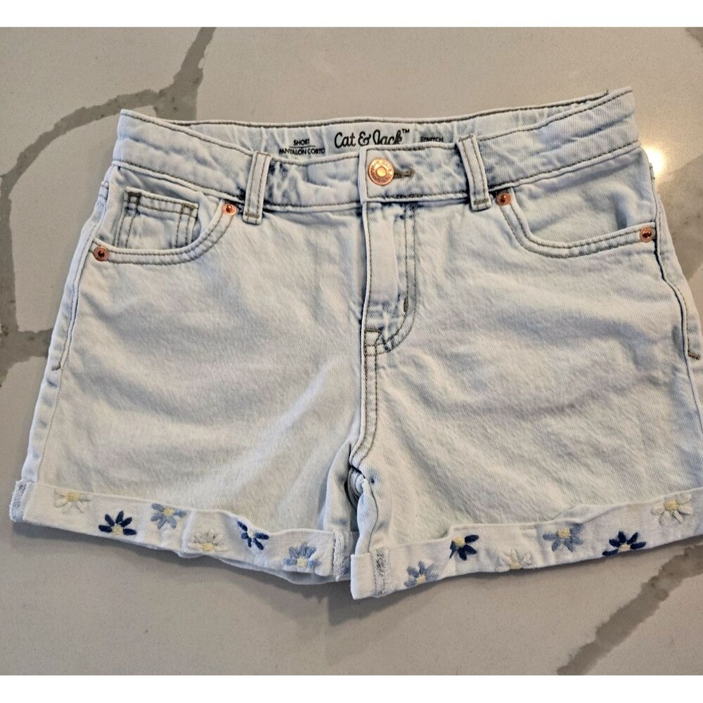 Cat & Jack L 10/12 Denim Shorts Girls Light Wash Embroidered Daisy Flower